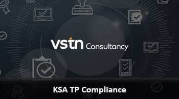 Banner featuring VSTN Consultancy logo with the text 'KSA TP Compliance' and background checkmark icons
