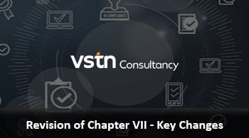 Banner with VSTN Consultancy logo and the title 'Revision of Chapter VII - Key Changes' on a dark, abstract background.