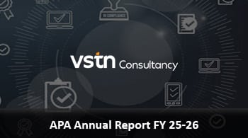 VSTN Consultancy logo on a dark background with the title APA Annual Report FY 25-26 beneath.