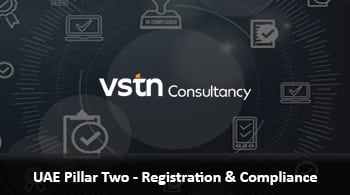 Banner for VSTN Consultancy advertising UAE Pillar Two — Registration & Compliance, with a dark background and service icons.